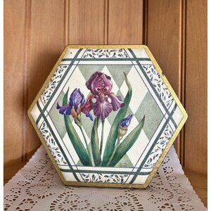 Vintage Biscuit Cookie Tin Hexagon Iris Floral Storage Spring Decor